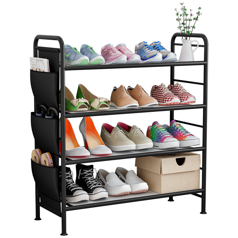 4 Tier Free Standing Metal Storage Shelf Side Hanging Bag Closet Organizer Black Shoes Racks