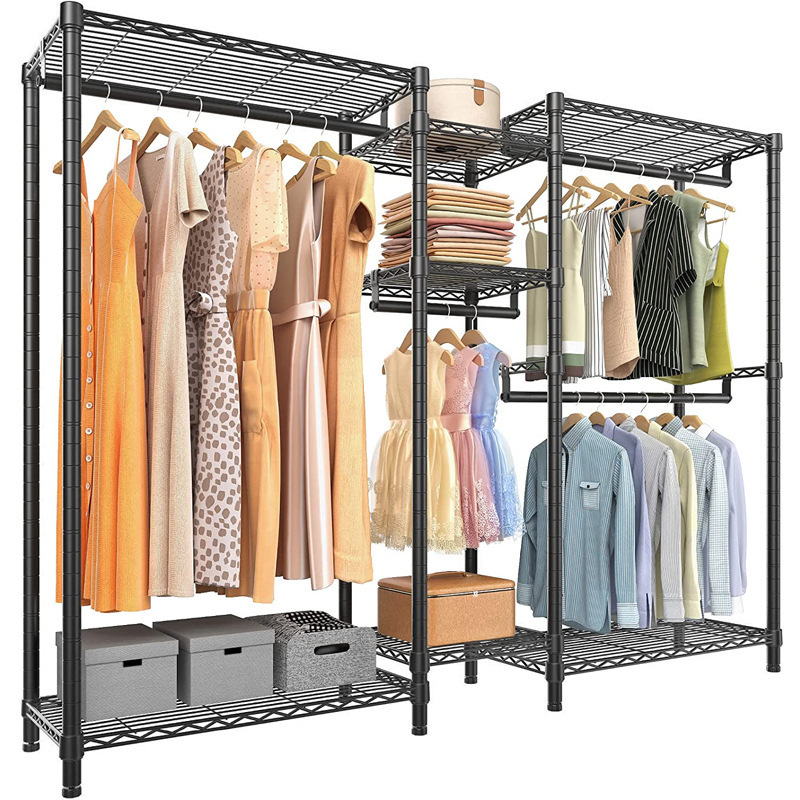 Freestanding Closet Organizer Black Clothes Rack with Shelves Hanging Storage Organizer Cloakroom Bedroom Metal Clothes Rack