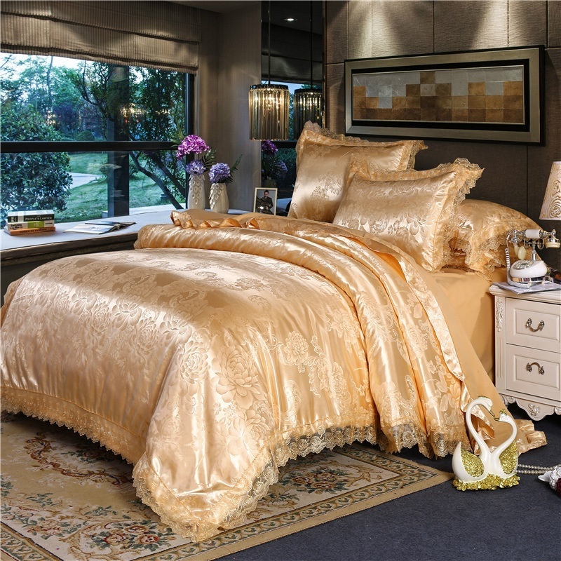 hot sell designer jacquard comforter bed cover 100% Cotton satin lace edge bed sheet 4 Pcs bedding set