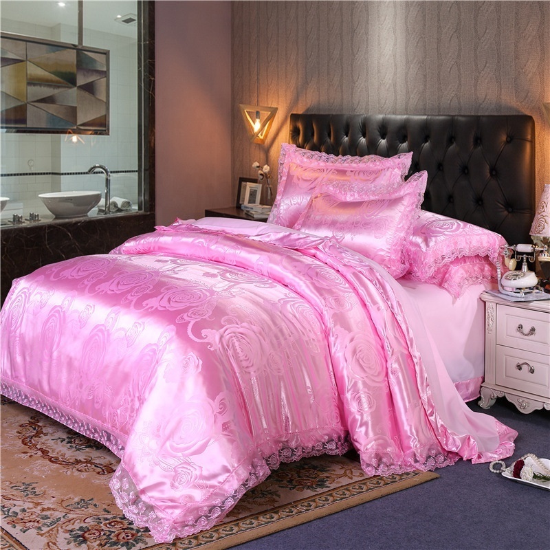 hot sell designer jacquard comforter bed cover 100% Cotton satin lace edge bed sheet 4 Pcs bedding set