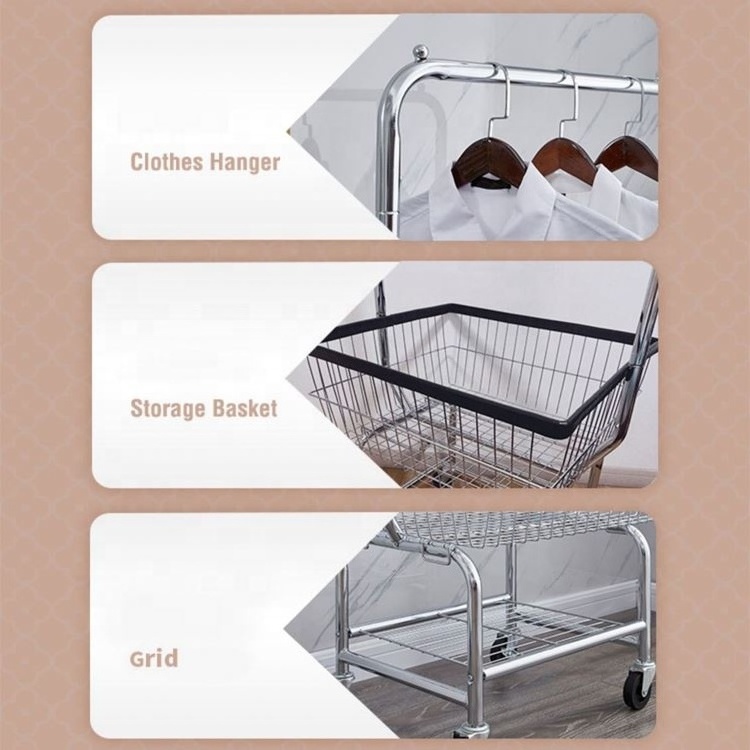 White Laundry Hamper Basket Butler Cart Commercial Laundry Cart Rolling Wheels with Hanging Rack