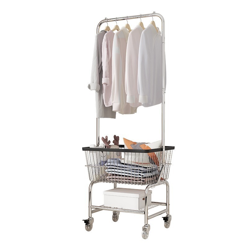 White Laundry Hamper Basket Butler Cart Commercial Laundry Cart Rolling Wheels with Hanging Rack