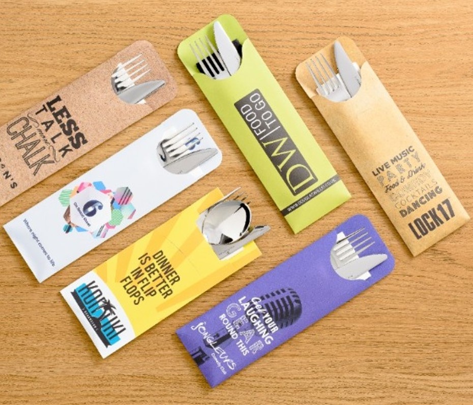 Eco Packaging Custom Printed Disposable Chopstick Spoon Knife Fork Pouch Bag Tableware Set Cutlery Paper Sleeve Envelopes