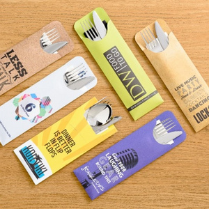 Eco Packaging Custom Printed Disposable Chopstick Spoon Knife Fork Pouch Bag Tableware Set Cutlery Paper Sleeve Envelopes