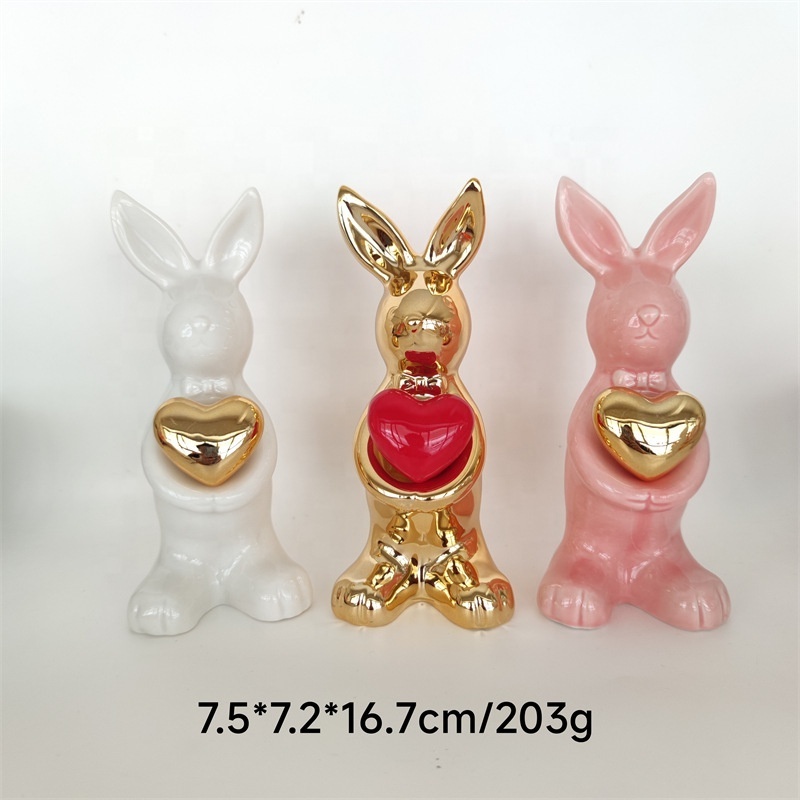 Factory direct Custom Eco-friendly Easter Ceramic Rabbit Animal Bunny Figurines Ornaments, White Gold Rabbit Bunny