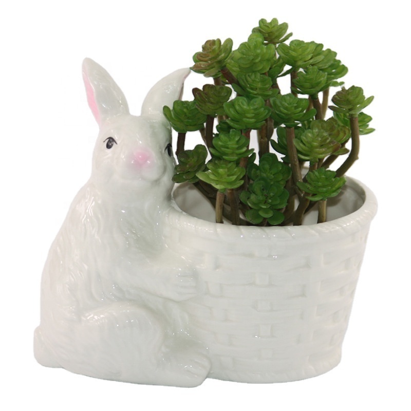 Farmhouse desktop cute rabbit Easter head ceramic flower plant porcelain bunny succulent planters stoneware flower pots