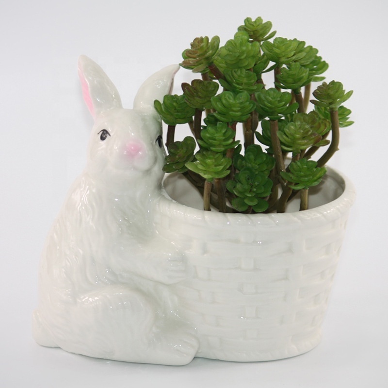 Farmhouse desktop cute rabbit Easter head ceramic flower plant porcelain bunny succulent planters stoneware flower pots