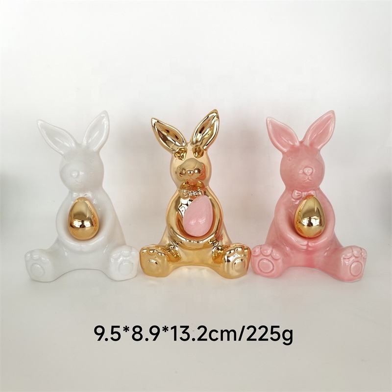 Factory direct Custom Eco-friendly Easter Ceramic Rabbit Animal Bunny Figurines Ornaments, White Gold Rabbit Bunny