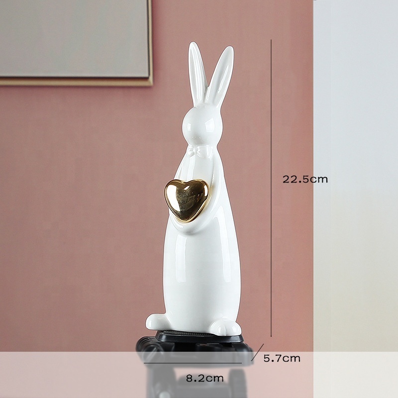 Factory direct Custom Eco-friendly Easter Ceramic Rabbit Animal Bunny Figurines Ornaments, White Gold Rabbit Bunny