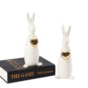 Factory direct Custom Eco-friendly Easter Ceramic Rabbit Animal Bunny Figurines Ornaments, White Gold Rabbit Bunny