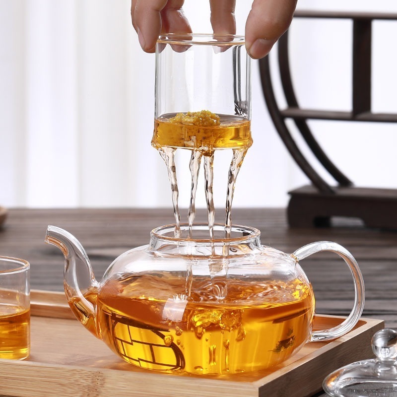 Wholesale heat resistant transparent glass flower tea kettle high borosilicate glass tea pot