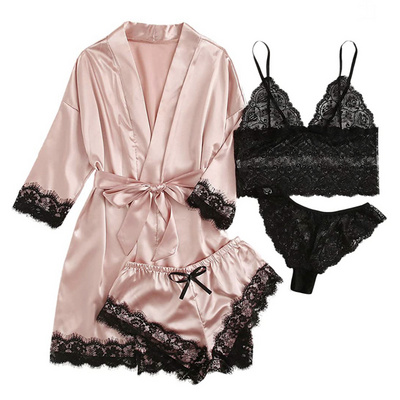 Women Sleepwear Lace Silk Clothing At Home Wear Casual And Loose Sexy Nightwear Nighty For Ladies Piece Sets