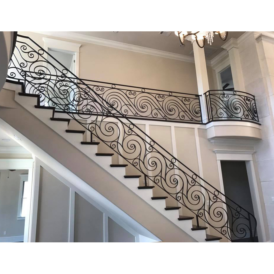 Beautiful Indoor Prefab Stairs Railings Decorative Wrought Iron Stair Handrail and Wood Baluster Design Graphic Design Wall OUYA