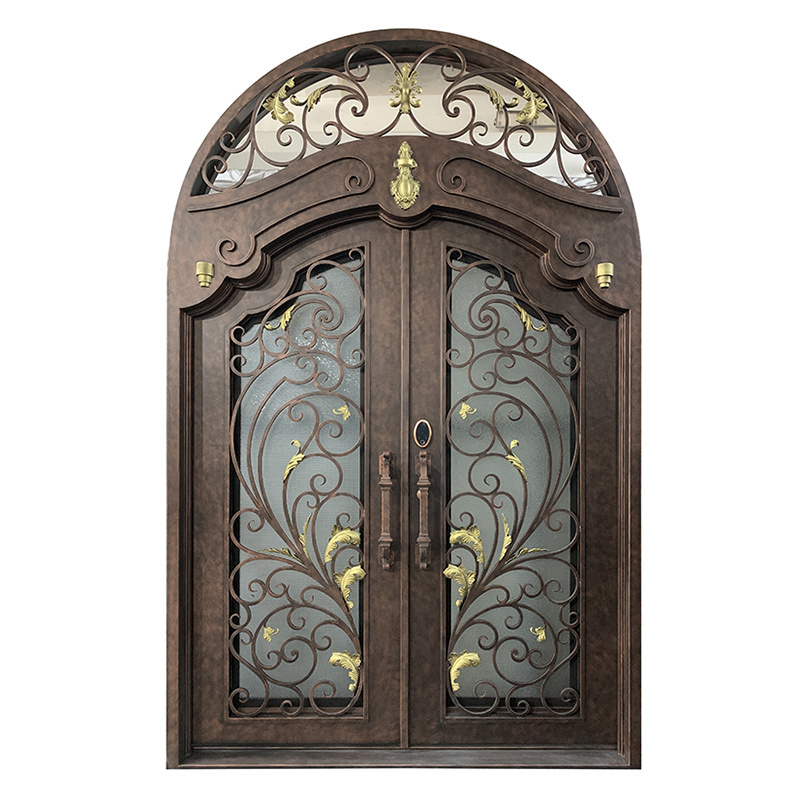 Custom Front Arch Entry Iron Doors Classica Villa Main Cast Entry Door Exterior Double Wrought Iron Glass Steel Swing Modern