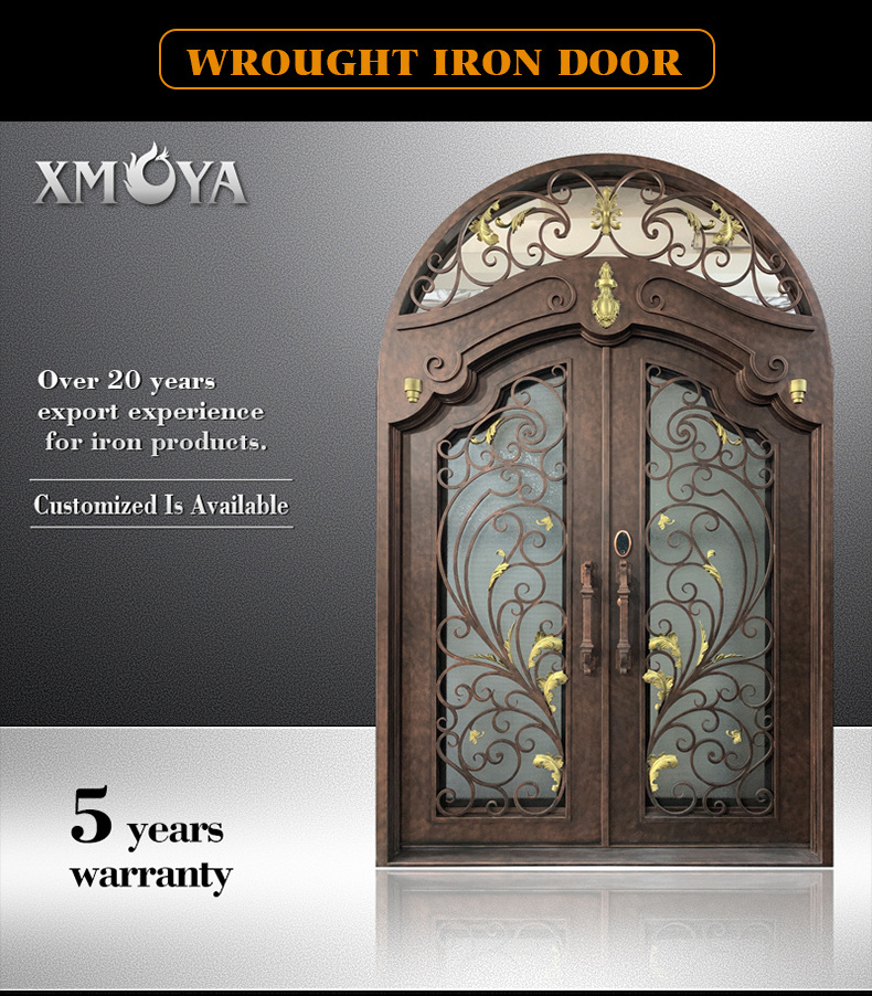 Custom Front Arch Entry Iron Doors Classica Villa Main Cast Entry Door Exterior Double Wrought Iron Glass Steel Swing Modern