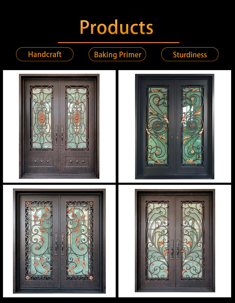 Modern Iron Entry Door Design Entrance Security Wrought Iron Door with Glass Bedroom Steel Swing Industrial Graphic Design XMOYA