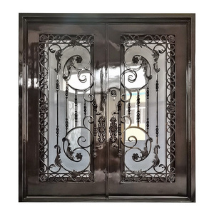 Hot Sale Flat Exterior Front Metal Steel Entry Doors For House Modern Main Wrought Iron Grill Entrance Double Entry Door Designs