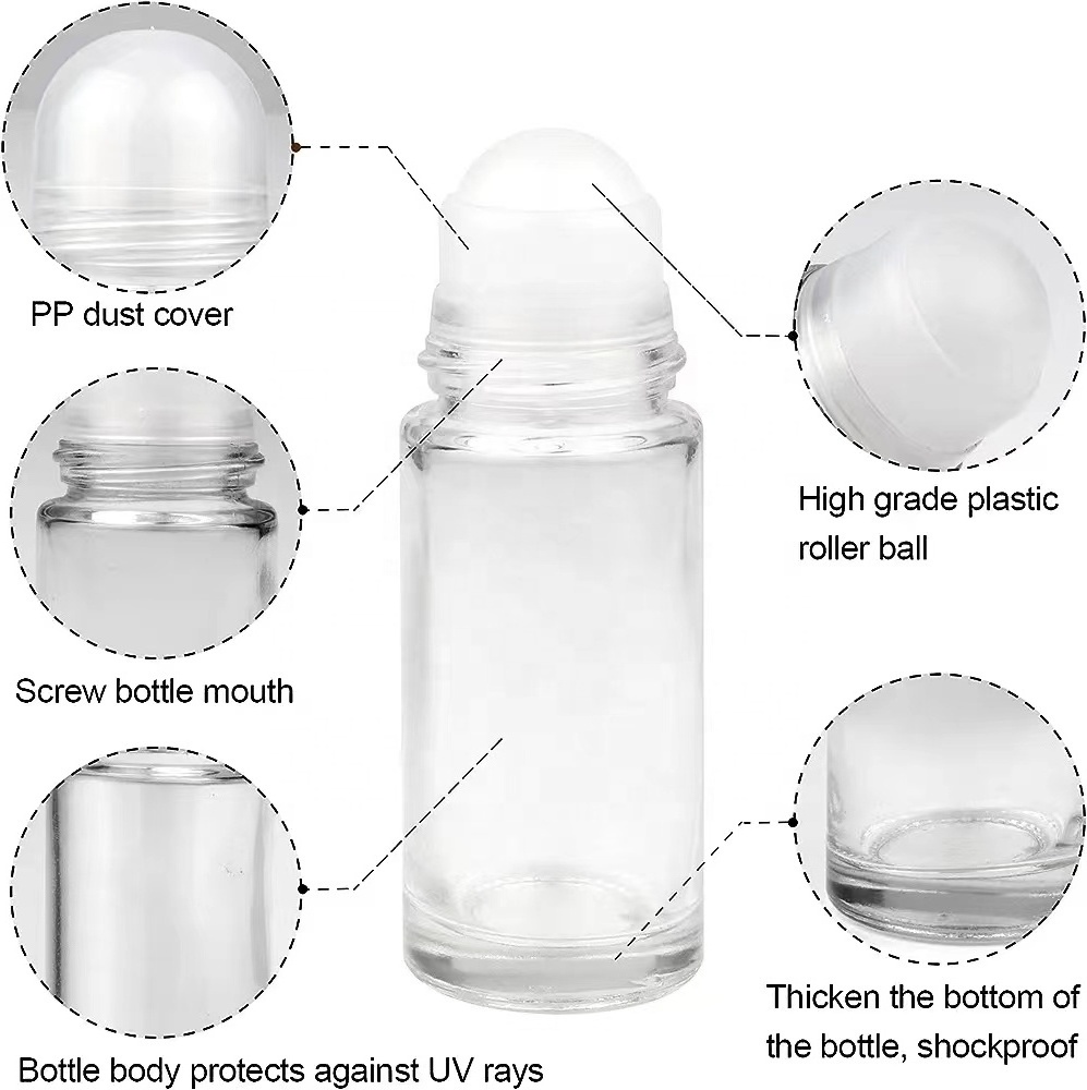 50ml 1.7Oz Glass Roll on Deodorant bottles Perfume Essential Oil roller bottles with plastic roller ball