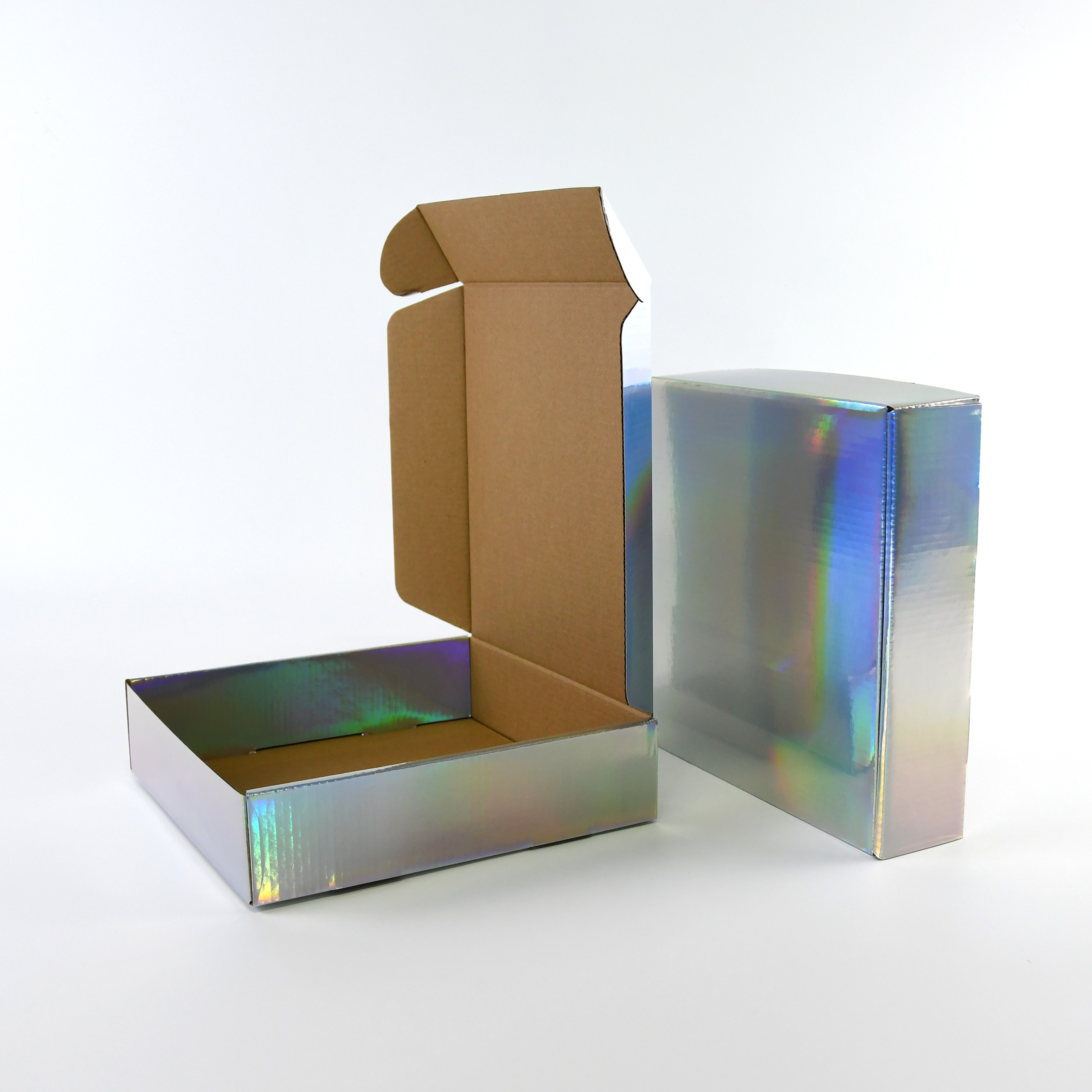 Recyclable Flat Folded Corrugated Cardboard Laser Mailing Paper Box With Holographic Package Box For Cosmetics Glitter Gift Box