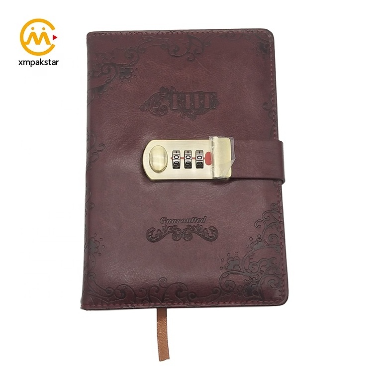 Customizable deboss logo vintage PU leather cover planner lockable diary journal notebook with lock