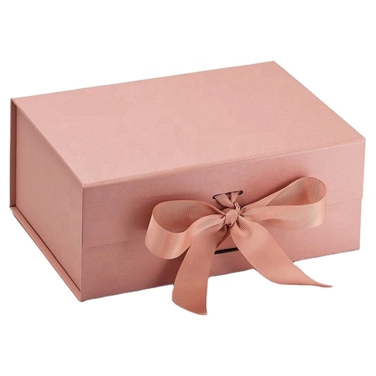 Wholesale luxury rigid pink paper custom logo print magnetic gift packaging box with ribbon bow for clothing