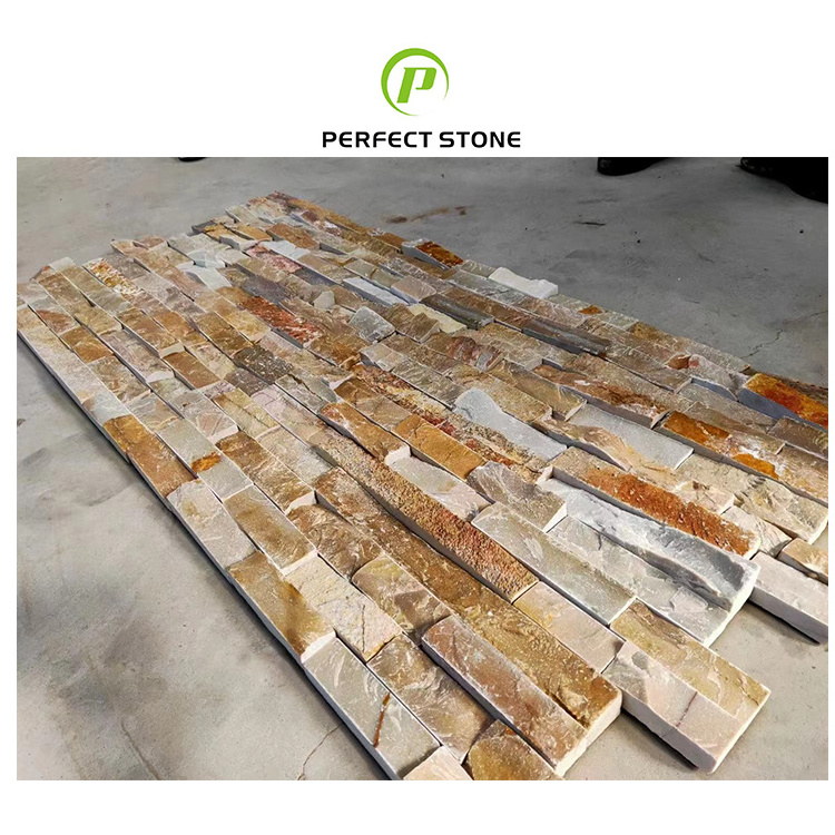 High Quality Yellow White Gold Quartzite Cemented Stacked Stone Ledge Panel