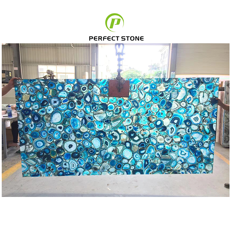 Backlit Blue Agate Stone Slab for Bar Countertop and Reception Stone With Customized Size