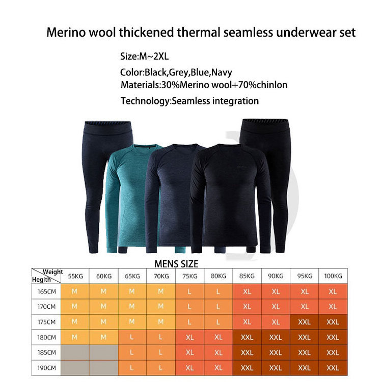 Breathable Layers Winter Warm Thermal Underwear Seamless Leggings Tights Men's Merino Wool Base Layer Set