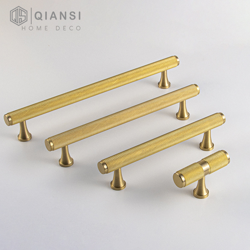 Qiansi HK0052 Wholesale Furniture Hardware Golden Modern Decorative Brass Door Cabinet Knurled Handles Black Pulls handle knobs