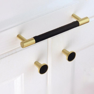 Modern Brass Gold Tbar Cabinet knobs and pulls Black leather dresser drawer cupboard pulls furniture handle