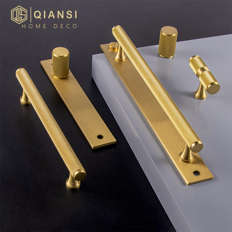 Qiansi HK0052 Wholesale Furniture Hardware Golden Modern Decorative Brass Door Cabinet Knurled Handles Black Pulls handle knobs