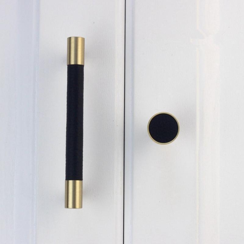 Modern Brass Gold Tbar Cabinet knobs and pulls Black leather dresser drawer cupboard pulls furniture handle