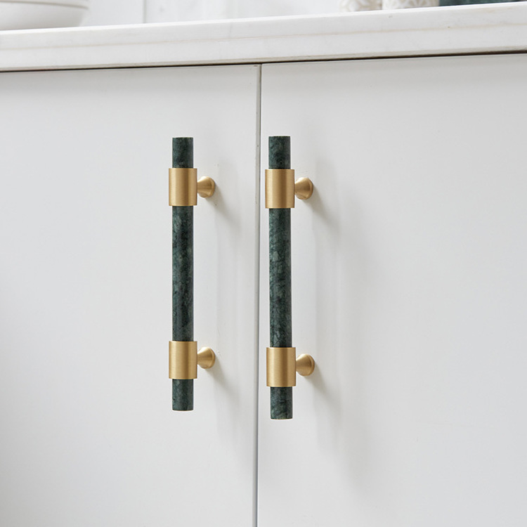 Qiansi HK0111 Home office interior door luxury natural marble brass pulls knob t bar hardware cabinet white green handles