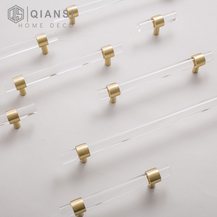 Qiansi HK0089 Transparent Acrylic Brass Drawer Knobs Adjustable Cabinet Pulls Furniture Cabinets Handles 224hole T-bar Knob pull