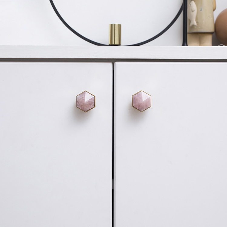 Hexagon brass natural rose quartz crystal luxury handle pull knob for furniture cabinet door drawer kitchen and wardrobe knobs