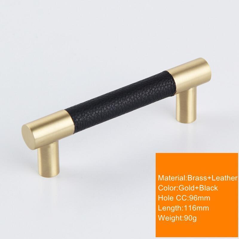 Modern Brass Gold Tbar Cabinet knobs and pulls Black leather dresser drawer cupboard pulls furniture handle