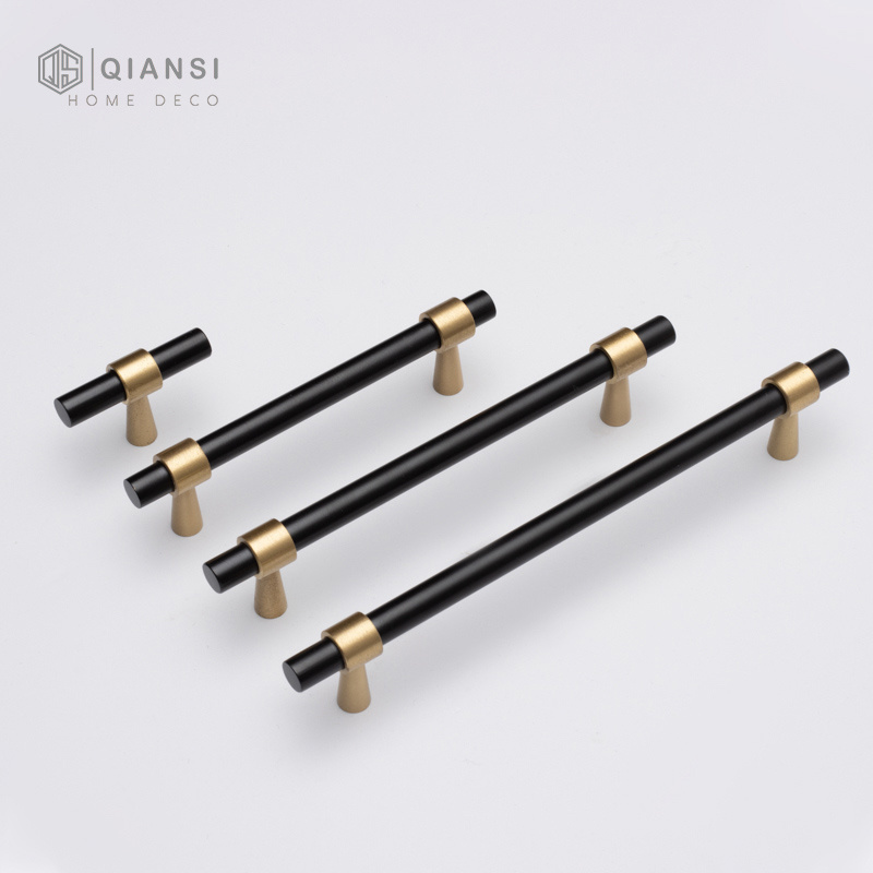 Qiansi HK0070 High Quality Round Bar Black Gold Furniture Handle Luxury Kitchen Cabinet Drawer Pulls Furniture Handles Knobs