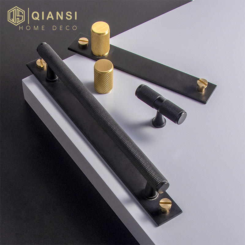 Qiansi HK0052 Wholesale Furniture Hardware Golden Modern Decorative Brass Door Cabinet Knurled Handles Black Pulls handle knobs