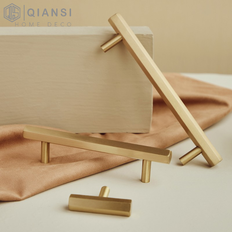 Qiansi HK0065 Nordic Hexagon Furniture Handles Knobs Brass Cabinets and Door Handle T-bar Metal Wardrobe Drawer Pulls and Knob