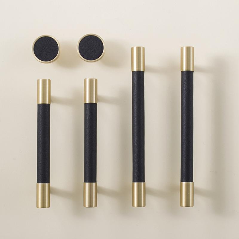 Modern Brass Gold Tbar Cabinet knobs and pulls Black leather dresser drawer cupboard pulls furniture handle