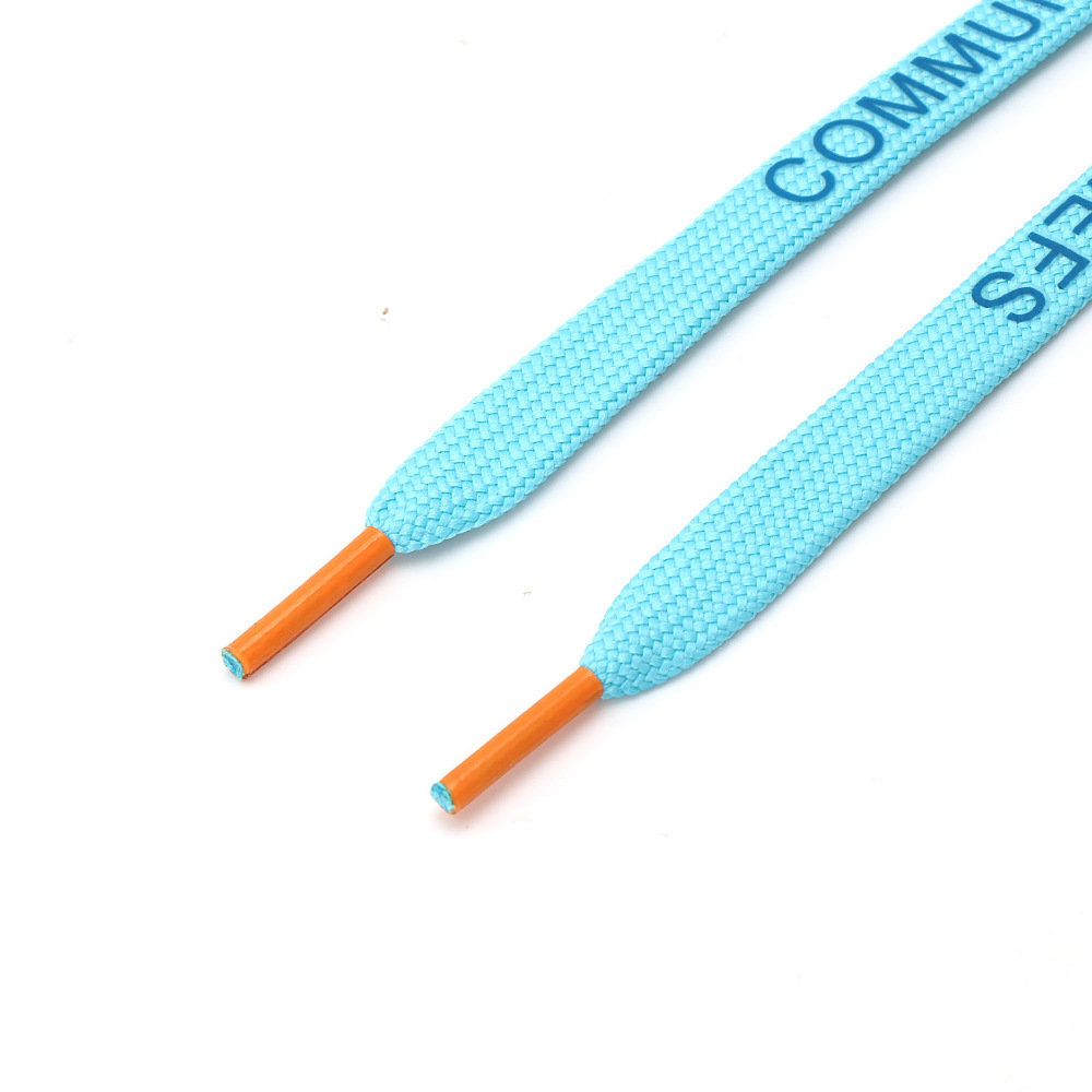 Factory custom silk screen logo sports flat shoelaces light blue round head webbed double sneaker shoelaces wholesale