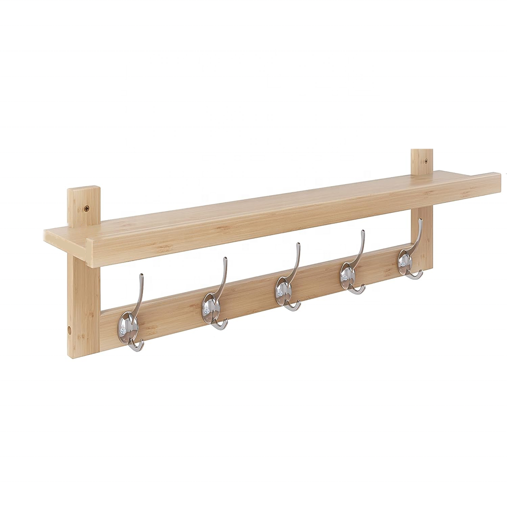 Suitable For Bathroom, Bedroom, Kitchen, Living Room Bamboo Wall Mounted Sturdy Coat Rack With Shelf