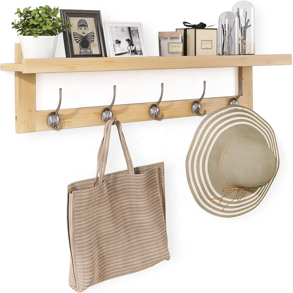 Suitable For Bathroom, Bedroom, Kitchen, Living Room Bamboo Wall Mounted Sturdy Coat Rack With Shelf