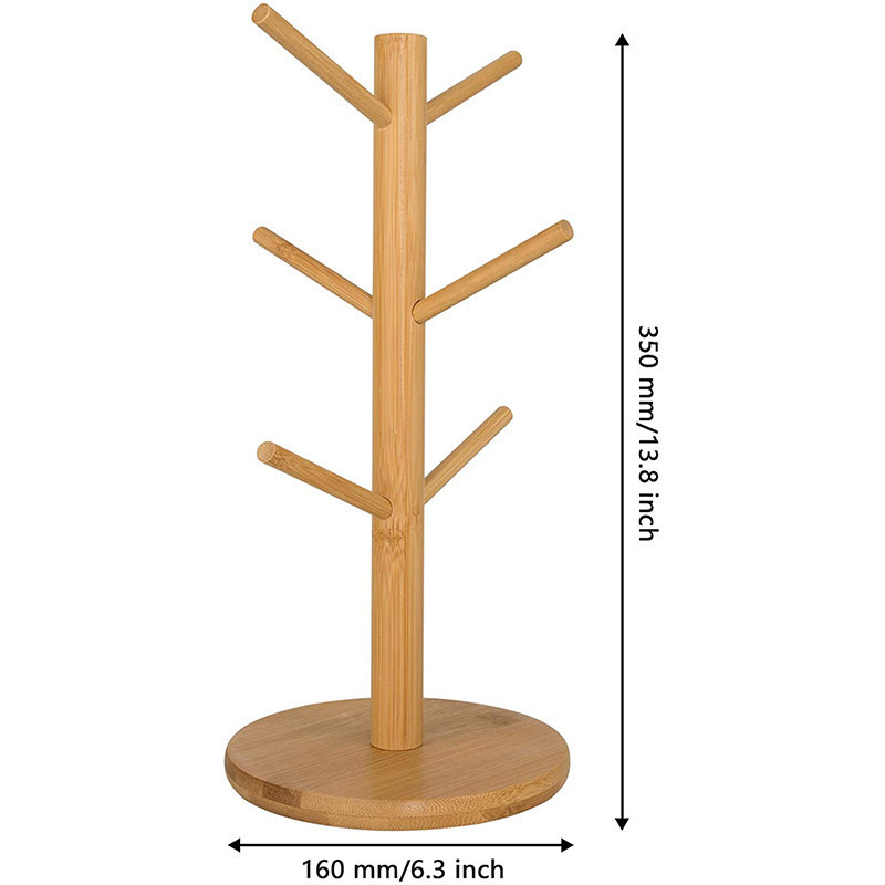 New Bamboo Mug Holder Tree Countertop Coffee Tea Cup Organizer Storage Rack with 6 Hooks Mug Stand Hanger for Kitchen