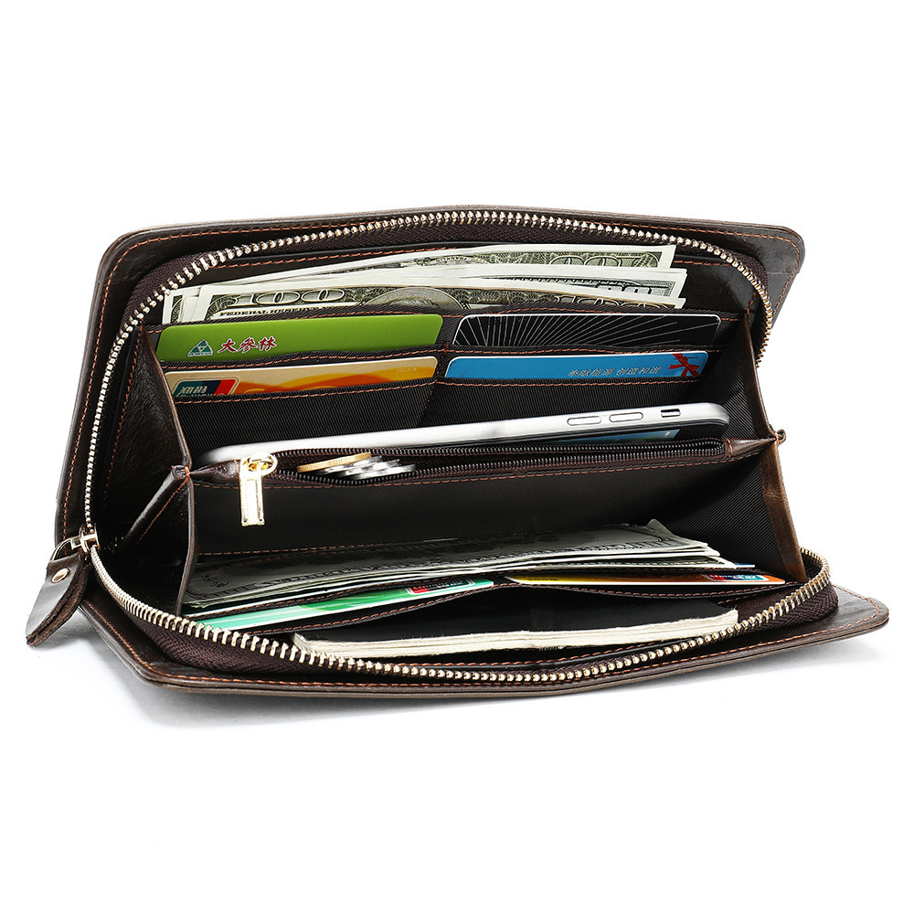 M1102 Men's Leather Wallet Vintage Clutch Long Leather Zipper Wallet Wallet Coin Purse