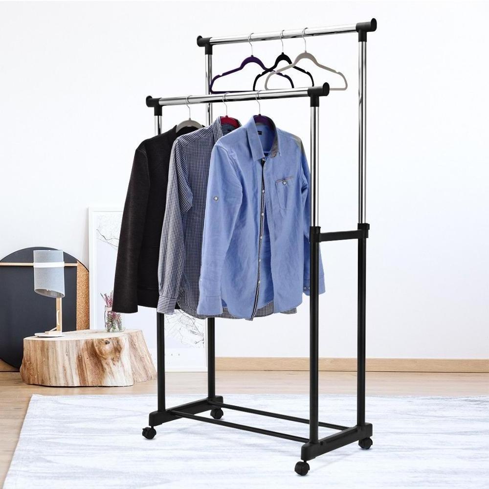 2019 White Custom Clothing Double Rail Rack Push-pull Clothes Display Equipment Drying Rack movable shop fitting rack for sale