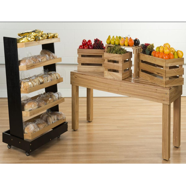 Customized Movable Reclaimed Wood 5 Tier Pastry Display Riser Gondola shelves display shelving