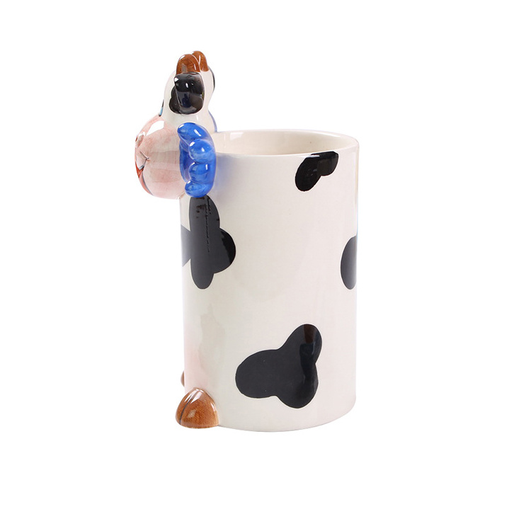 Customized Ceramic Cute cow and dog Shaped 3d milk Mug for kids with straws