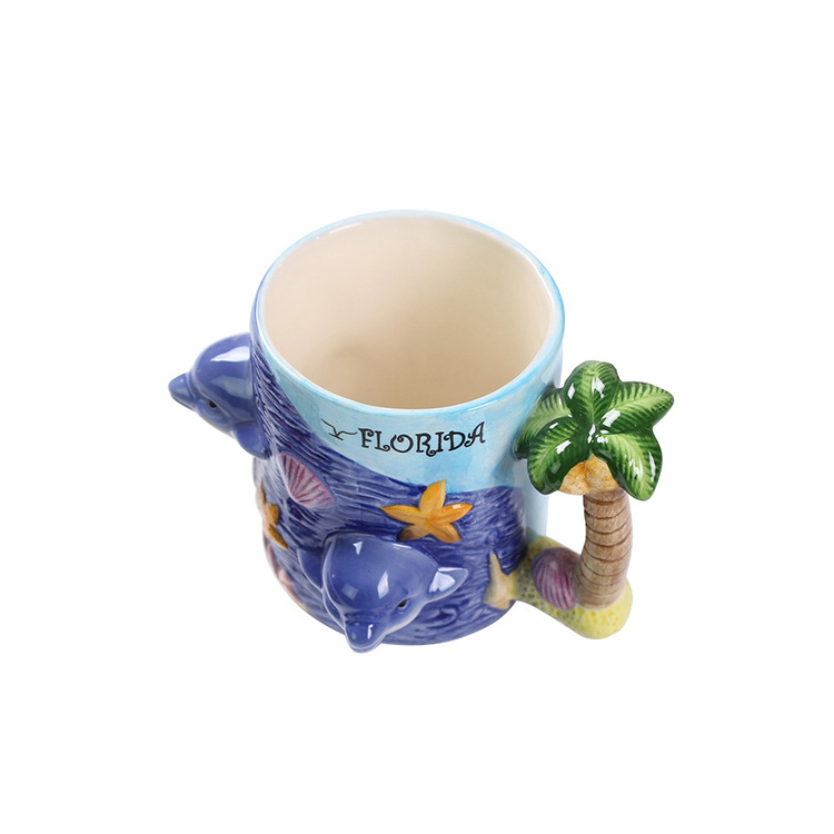 best selling ceramic coffee mug handpainted 3d dolphin palm tree handle ceramic milk cup&mug promotion giveaway shop mug