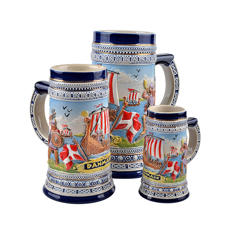 Danmark souvenir custom cheap engraved ceramic beer mug stein wholesale